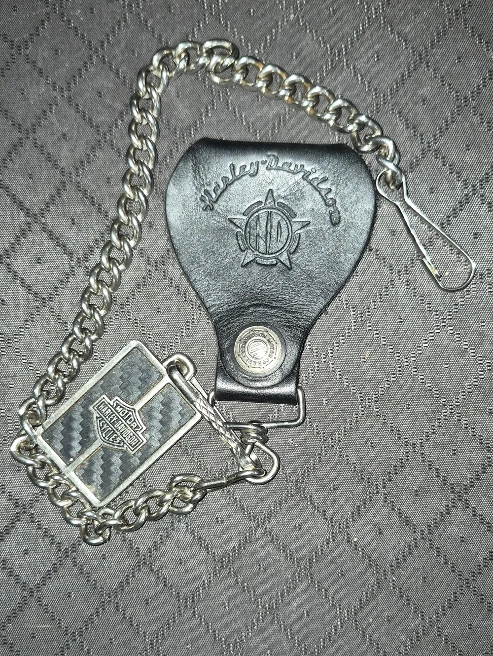 Vintage Harley-Davidson Black Leather Key Fob with Silver Chain & Tag